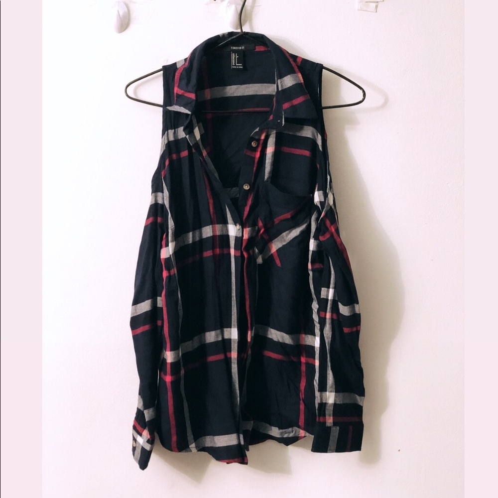Cold shoulder plaid shirt